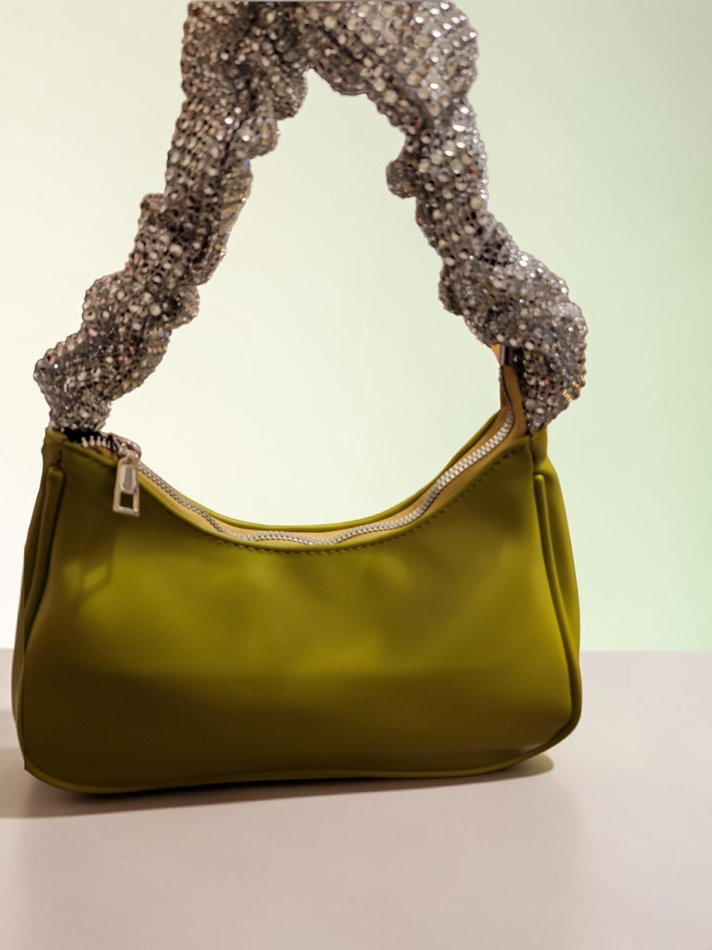 Olive Green Shoulder Bag with Embellished Handle